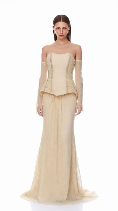 Bej Peplum Detaylı  Dantelli Abiye  Elbise